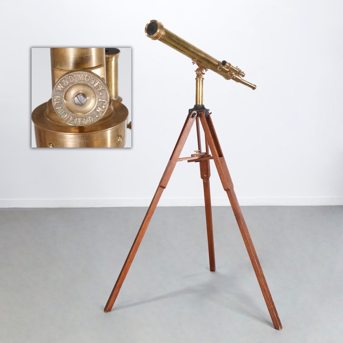 Large W&D Mogey brass telescope: Large W&D Mogey brass telescope, 19th/20th c., New Jersey, on wooden tripod stand, marked on adjuster, with additional lenses, 48"l x 3.75"dia (telescope), on stand approx. 63.5"h (with telescope hori
