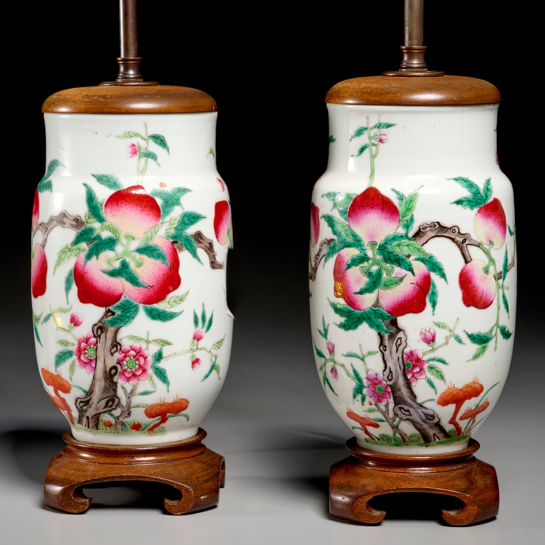 Pair Chinese famille rose "nine peach" lamps (1 of 4)