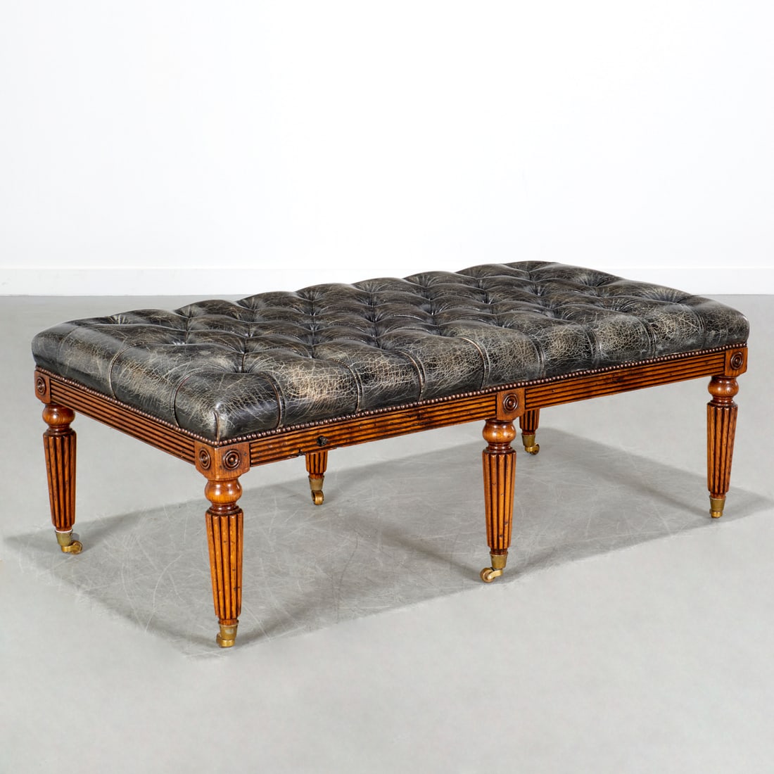 Antique George IV style oak & leather bench (1 of 6)