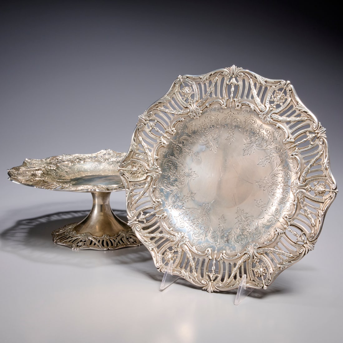 Shreve, Crump & Low, pair sterling silver tazze: Shreve, Crump & Low, pair sterling silver tazze, Late 19th/Early 20th c., USA, engraved flowers and scrolled foliates, reticulated banded edge with bellflower swags, stamped "Shreve, Crump, & Low, 10