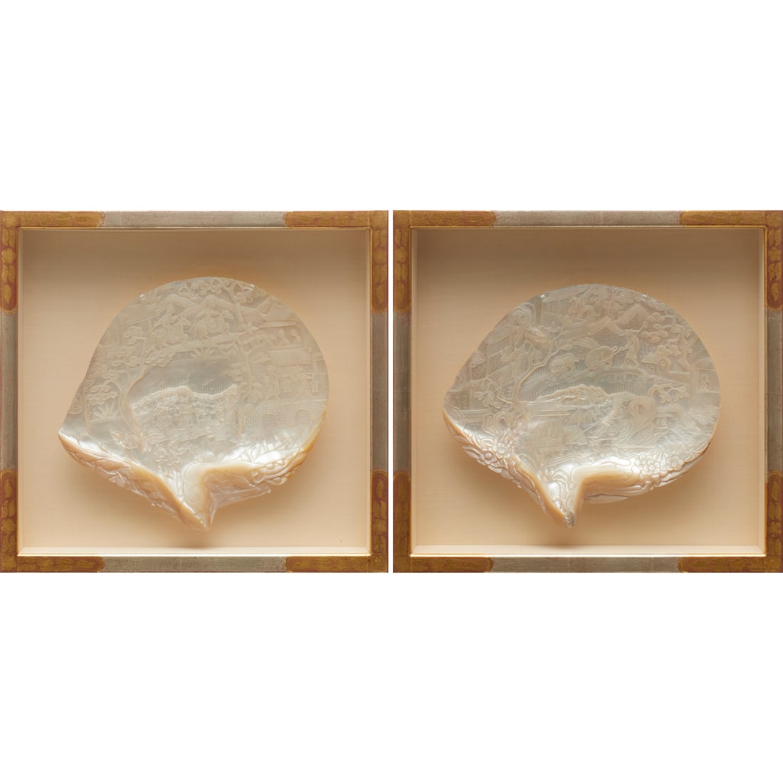 Chinese School, fine pair relief carved shells: Chinese School, fine pair relief carved shells, Late Qing Dynasty (1644-1912), China, richly decorated with figural and rural life scenes, each approx. 9.5"h x 7.5"w (shell), 14"h x 15.25"w (frame)