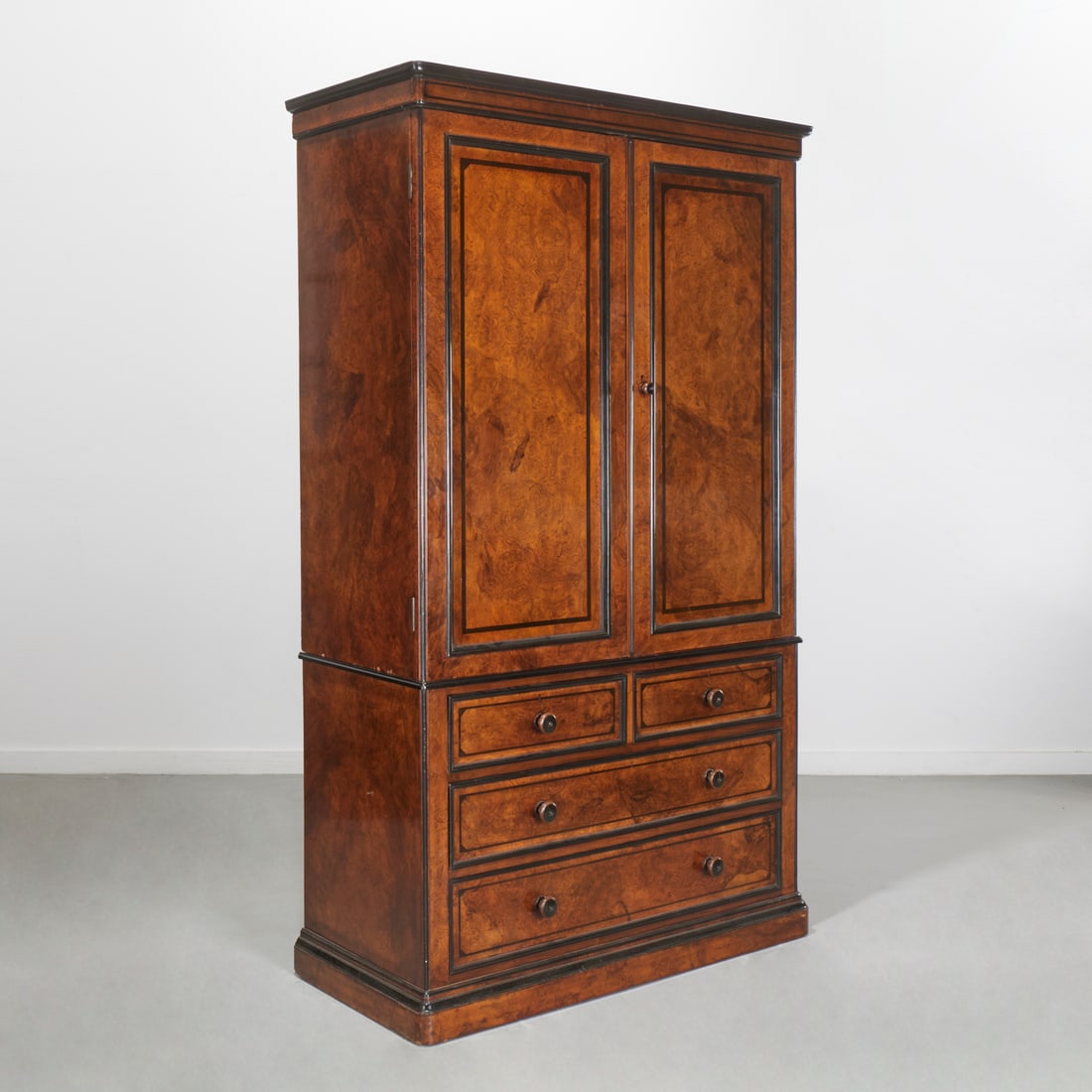 Lamb of Manchester, burr elm, ebony linen press: Lamb of Manchester, burr elm, ebony linen press, c. 1880, by Lamb of Manchester, in two parts, double doors revealing interior shelves, over four drawers, stamped "Lamb/Manchester/33706" to drawer edg