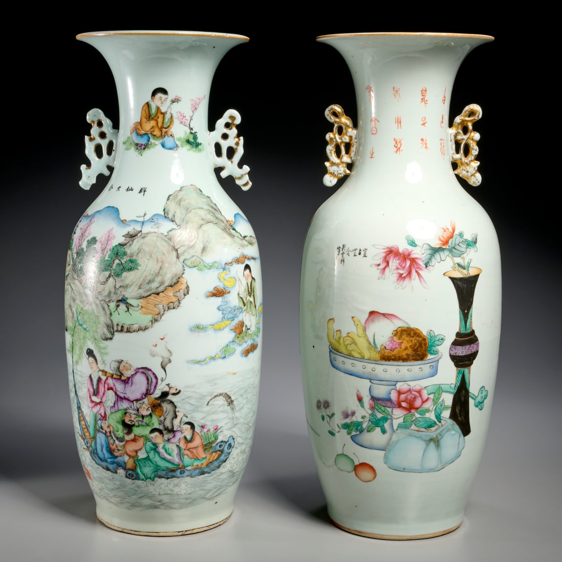 (2) Large Chinese famille rose porcelain vases: (2) Large Chinese famille rose porcelain vases, Qing Dynasty (19th/20th c.), a harlequin pair, one decorated with Immortals Barge, the other with precious objects, pierced gilt handles, collection num