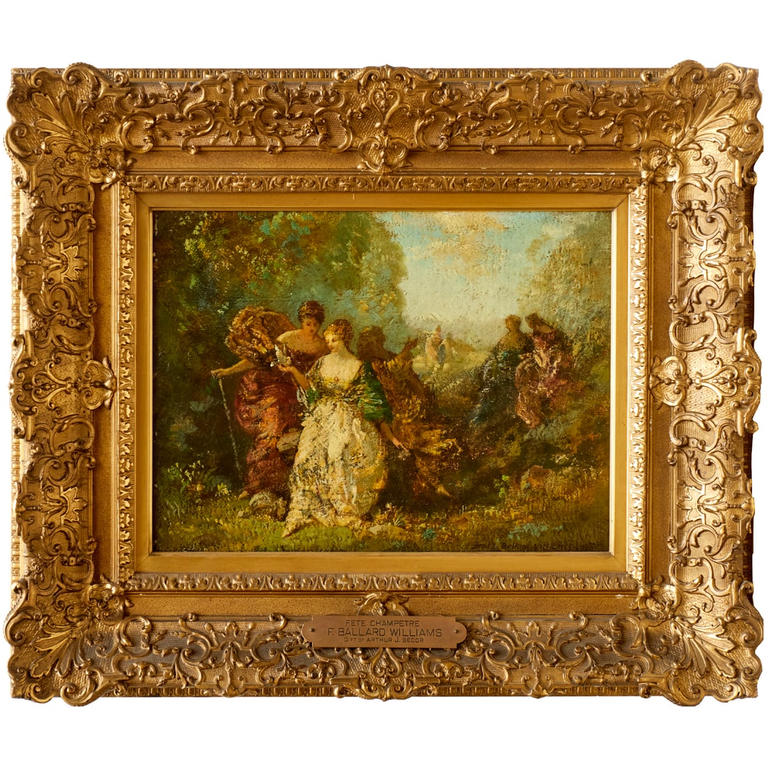 Frederick Ballard Williams, oil on panel, 1915: Frederick Ballard Williams, oil on panel, 1915, Frederick Ballard Williams (American, 1871-1956), "Fete Champetre", signed and dated lower right, artist placard to frame, provenance tags verso, 11.5"h