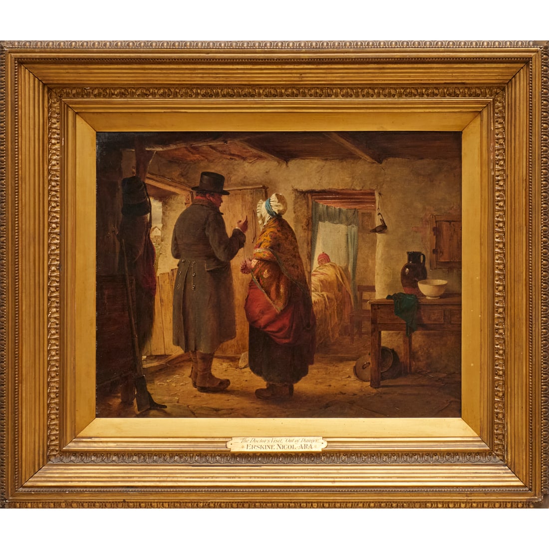 Erskine Nicol, oil on canvas, 1887, ex museum: Erskine Nicol, oil on canvas, 1887, ex museum, Erskine Nicol RSA, ARA (Scottish, 1825-1904), "The Doctor's Visit, 'Out of Danger'", signed "Nicol ARA 1887" lower left, attribution label front of