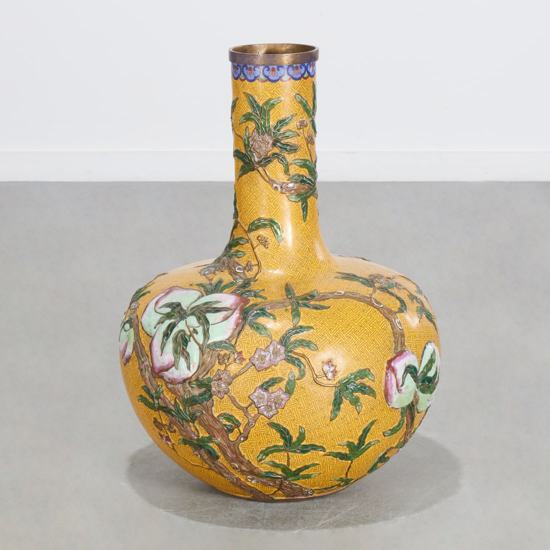 Large Chinese cloisonne nine peach vase: Large Chinese cloisonne nine peach vase, Republic Period (20th c.), yellow diapered ground with relief decoration depicting nine peaches, branches, and leaves, three character "Yuan Shan Tang" mark un