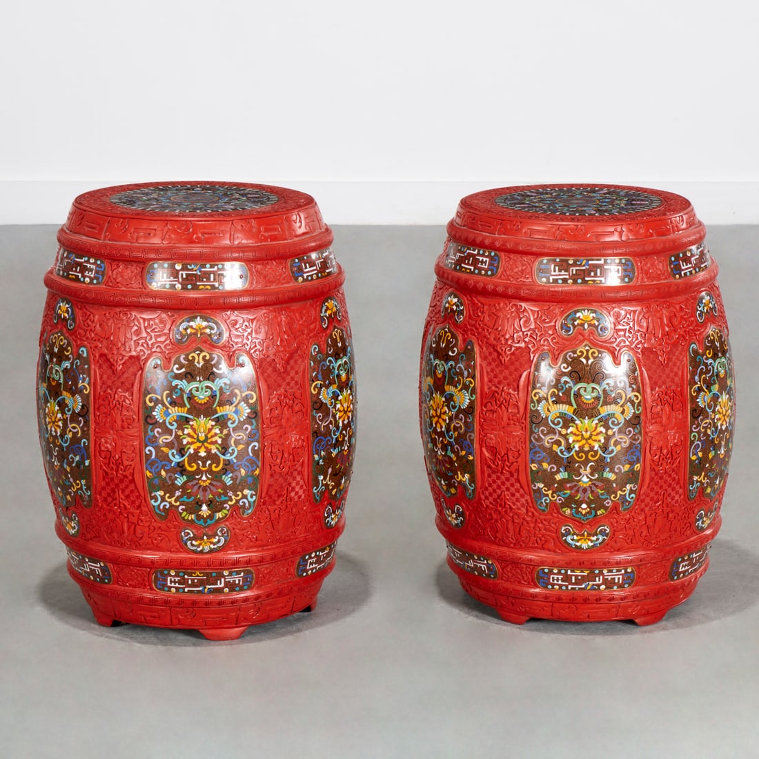 Pair Chinese cinnabar lacquer garden seats (1 of 6)