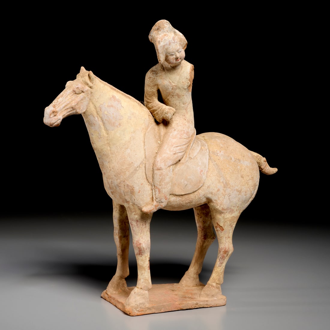 Chinese Tang pottery equestrian figure: Chinese Tang pottery equestrian figure, Tang Dynasty (c. 618-907 CE), China, female figure on horseback, standing on plinth, incl. scan of Dragon Culture certificate upon sale, 14.25"h x 12.5"w x 4.5"