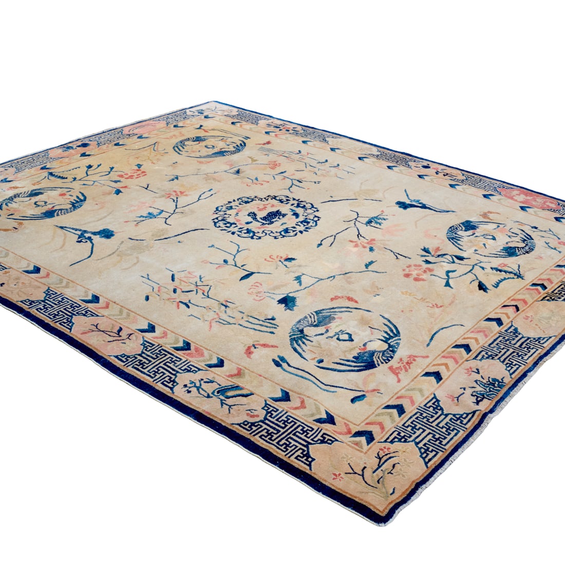 Antique Chinese Ningxia carpet: Antique Chinese Ningxia carpet, First half 20th c., hand-knotted wool pile, blue, pink and orange vegetal and animal pattern on cream ground, approx. 9'4"l x 7'10"w Provenance: A Private Collection: 2