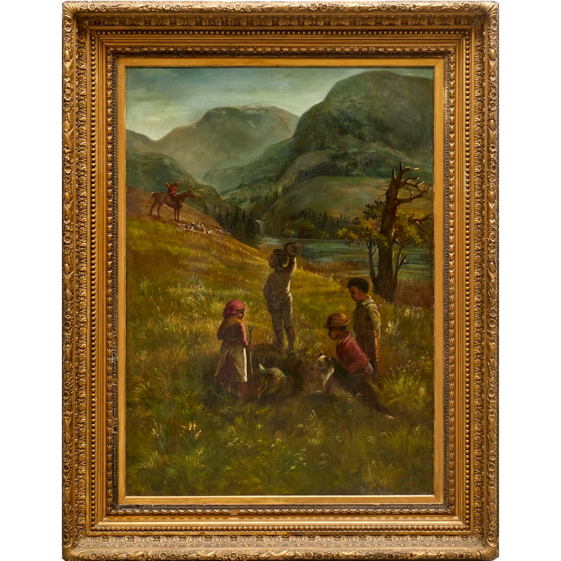 African American School, large oil, 1881: African American School, large oil, 1881, African American School (19th/20th c.), African American Hunting Party, oil on canvas mounted on board, signed illegibly and dated lower right, possibly readi