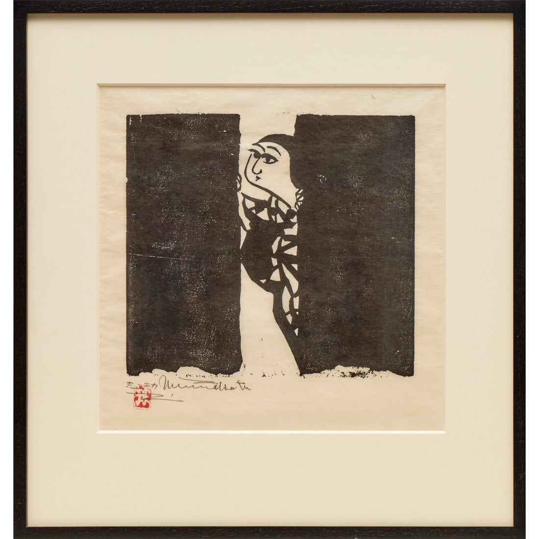 Shiko Munakata, woodblock on washi paper: Shiko Munakata, woodblock on washi paper, Shiko Munakata (Japanese, 1903-1975), "Yodoi no saku (night visit)", from the "Utou hangakan" series, signed lower left, seal lower left, 13"squ (sight),