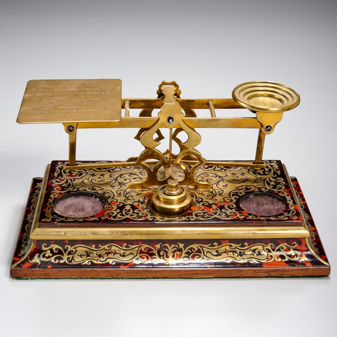 Victorian Boulle-work and brass postal scale: Victorian Boulle-work and brass postal scale, 19th c., England, "Inland Letter Post" scales, with intricate brass inlay, 1 oz, 2 oz and fractional weights, 4.75"h x 10.25"w x 6"d Provenance: Property