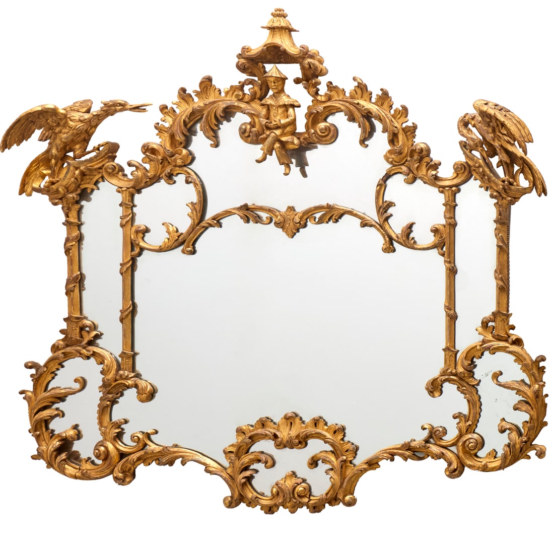 Chinese Chippendale giltwood overmantel mirror: Chinese Chippendale giltwood overmantel mirror, Late 18th c., England, in the manner of Thomas Johnson (1723-1799), the pagoda-form crest with seated Mandarin figure flanked by full-bodied eagles and