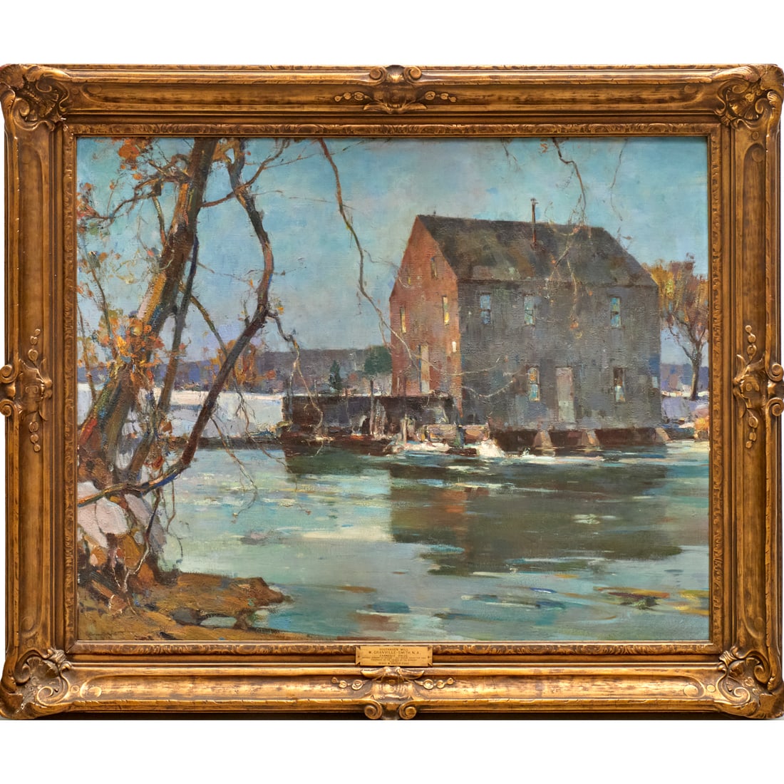 Walter Granville-Smith, large oil on canvas, 1926: Walter Granville-Smith, large oil on canvas, 1926, Walter Granville-Smith (American, 1870-1938), "Southaven Mill", signed and dated lower left, artist placard to frame, provenance label verso, 39.25h 