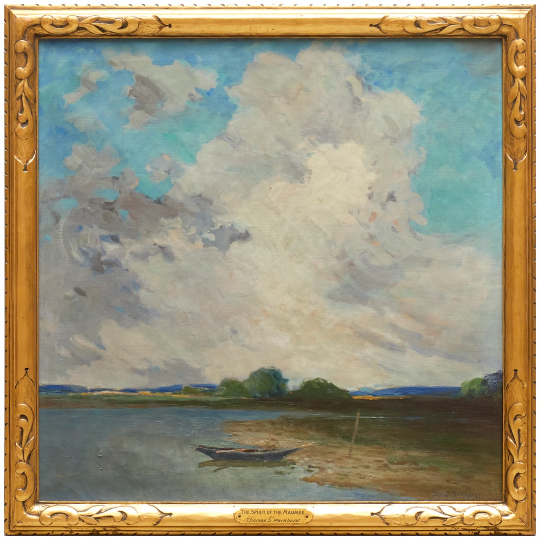 Thomas Parkhurst, oil on canvas, ex museum: Thomas Parkhurst, oil on canvas, ex museum, Thomas Parkhurst (American, 1853-1923), "The Spirit of the Maumee", painted before 1916, signed lower right, artist placard to frame, exhibition label
