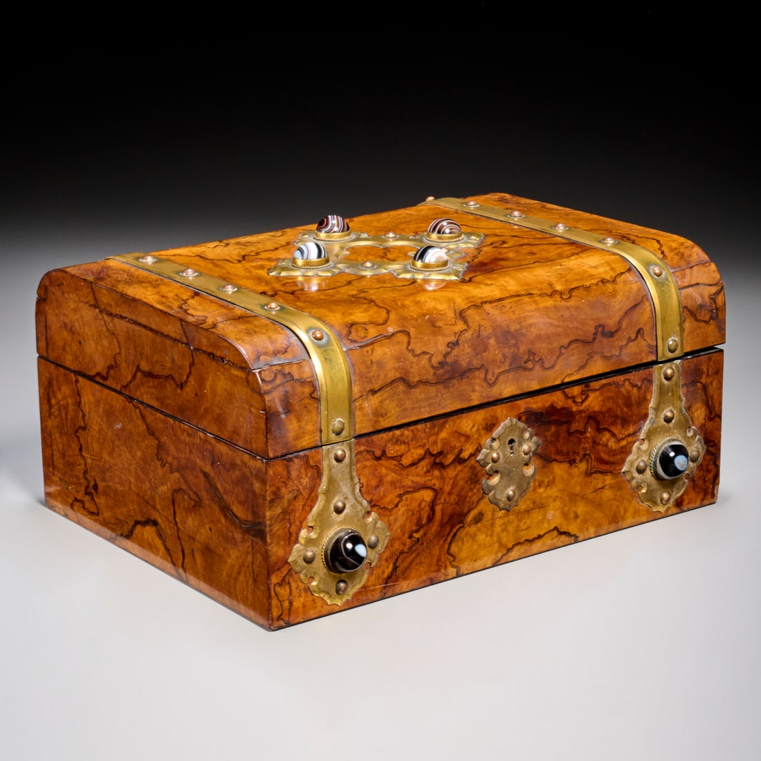 Tiffany, Reed & Co. burlwood work box: Tiffany, Reed & Co. burlwood work box, c. 1850, New York, brass and agate cabochon mounts, hinged lid opens to silk lined compartments, removable, marked "Tiffany, Reed & Co., Union Sq, New York"