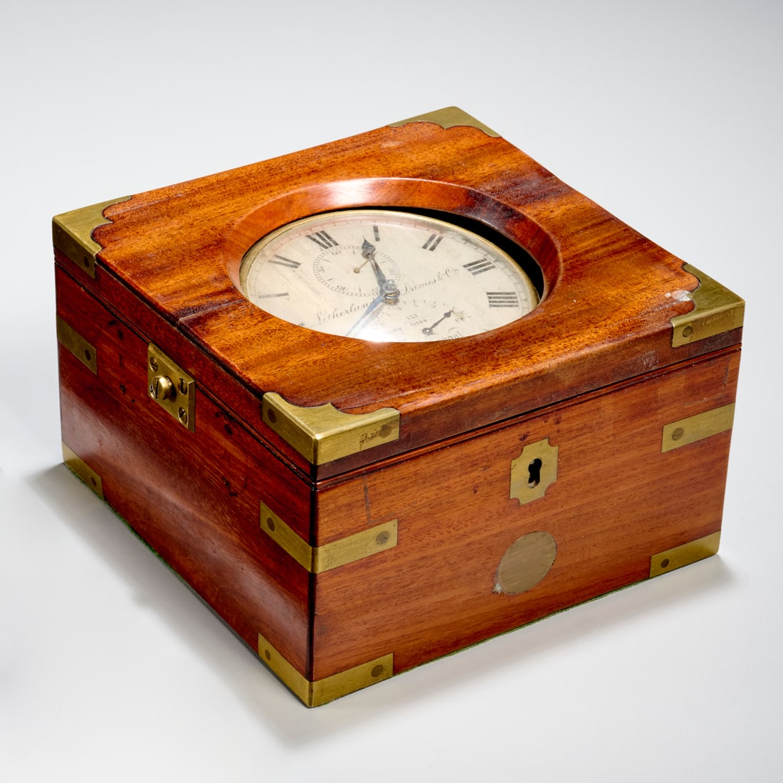 Litherland Davies & Co. marine chronometer: Litherland Davies & Co. marine chronometer, Early 19th c., Liverpool, England, no. 155/11144, brass mounted mahogany case, 4.25"h x 6.75"squ Provenance: A Private Collection: 1192 Park Avenue, NYC