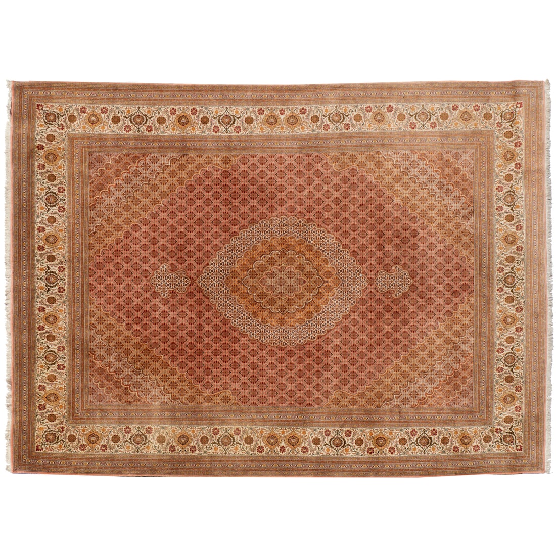 Vintage Tabriz carpet: Vintage Tabriz carpet, Second half 20th c., hand-knotted wool pile, salmon, cream, and green all-over floral pattern with central medallion, approx. 11'3"l x 8'1"w