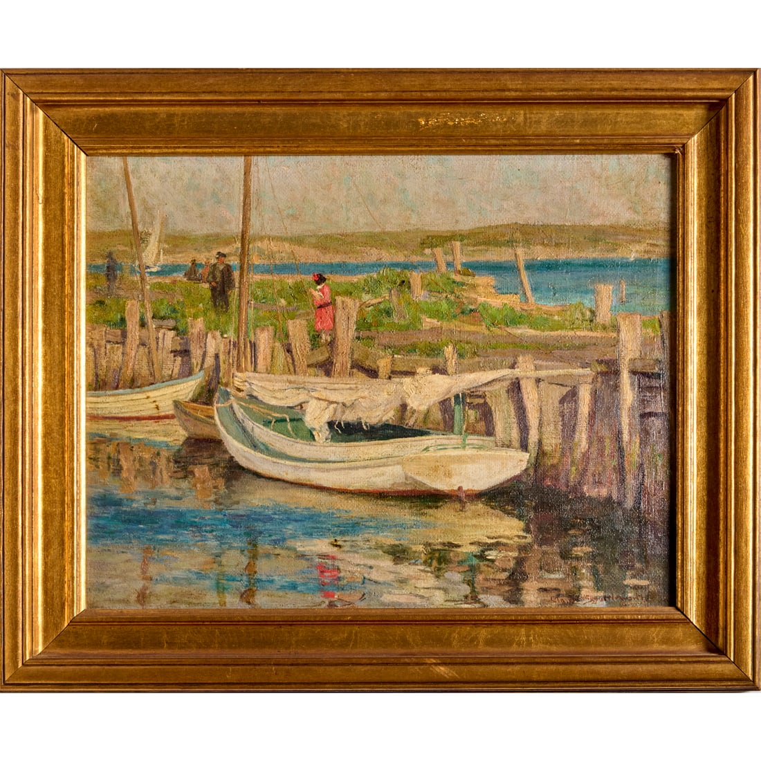 Claire Shuttleworth, oil on board, 1912: Claire Shuttleworth, oil on board, 1912, Claire Shuttleworth (American, 1867-1930), Harbor Scene, signed and dated lower right, 13.25"h x 17.25"w (sight), 18.5"h x 22.5"w (frame) Provenance: A