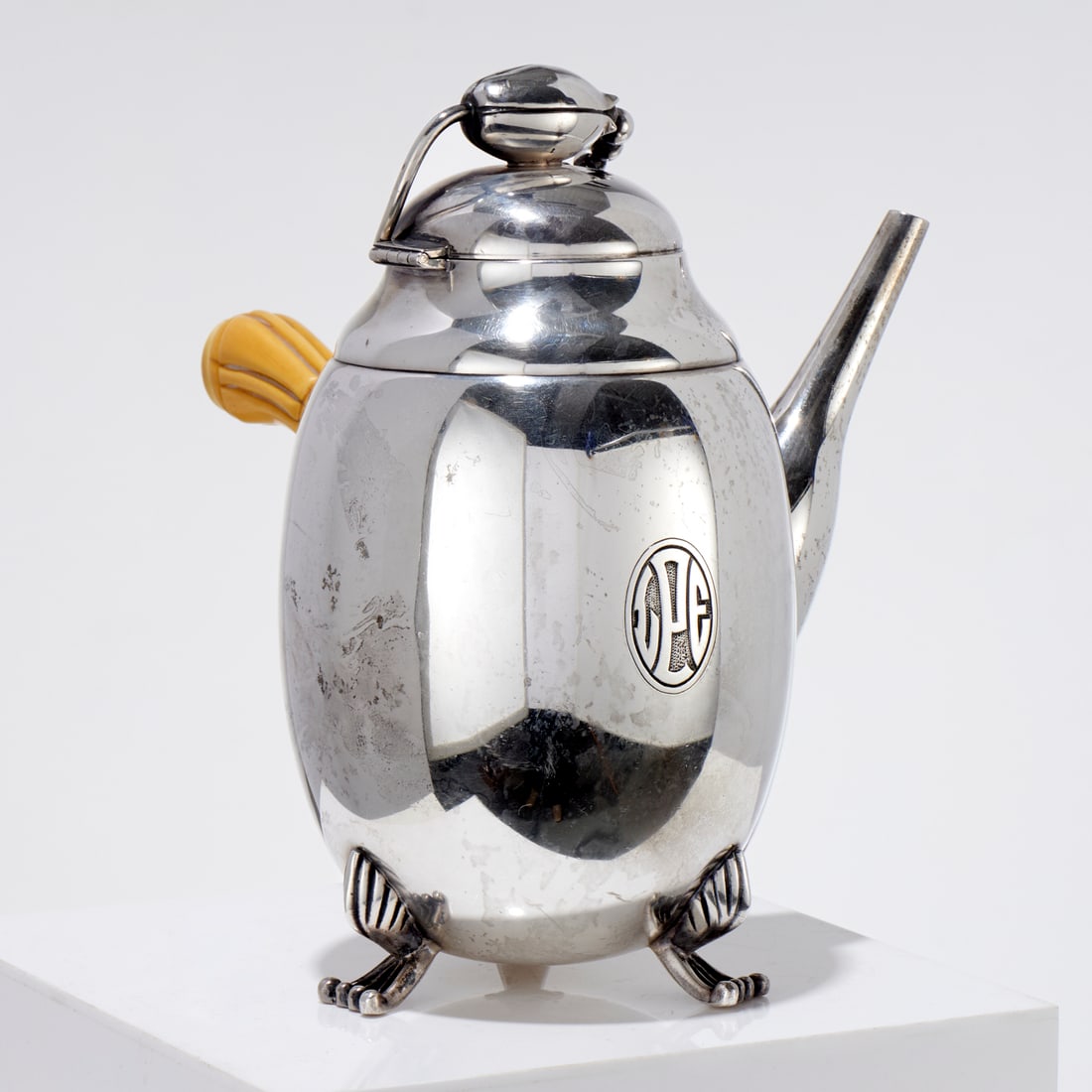 Georg Jensen (style), sterling coffee pot: Georg Jensen (style), sterling coffee pot, 20th c., mark of Hamilton, in Georg Jensen "Blossom" pattern, handled coffee pot, fully hallmarked underside, 8"h x 7.5"w x 6.5"d, approx. 18.1ozt (incl.