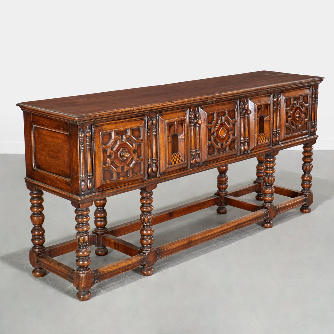 Antique English Baroque inlaid oak sideboard (1 of 9)