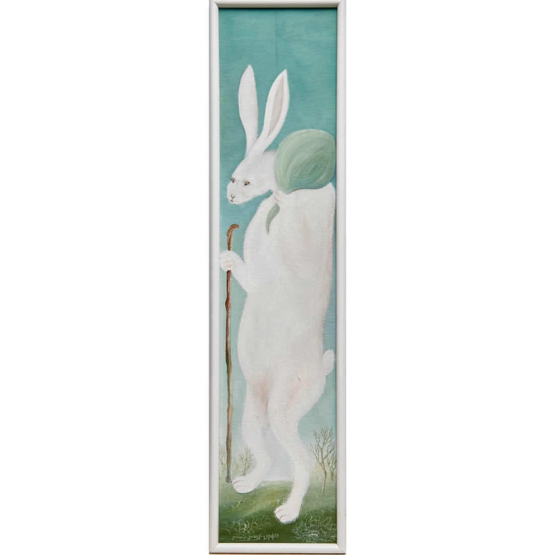 Jasmin Joseph, oil on canvas, 1989: Jasmin Joseph, oil on canvas, 1989, Jasmin Joseph (Haitian, 1925-2005), Wandering Rabbit, signed and dated lower left, 47.5"h x 10.5"w (sight), 49"h x 12"w (frame) Provenance: A Private Collection: