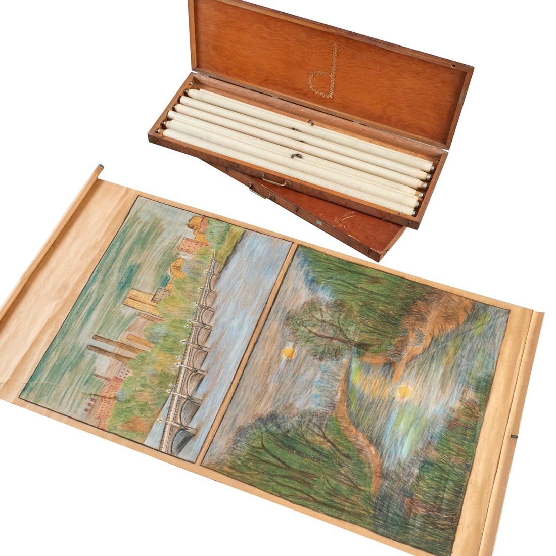 Joseph Yoakum (manner), set (14) pastels: Joseph Yoakum (manner), set (14) pastels, Manner of Joseph Yoakum (American, 1891-1972), landscape and cartography drawings, pastel on window shades, stored rolled in two cases, each scroll approx.