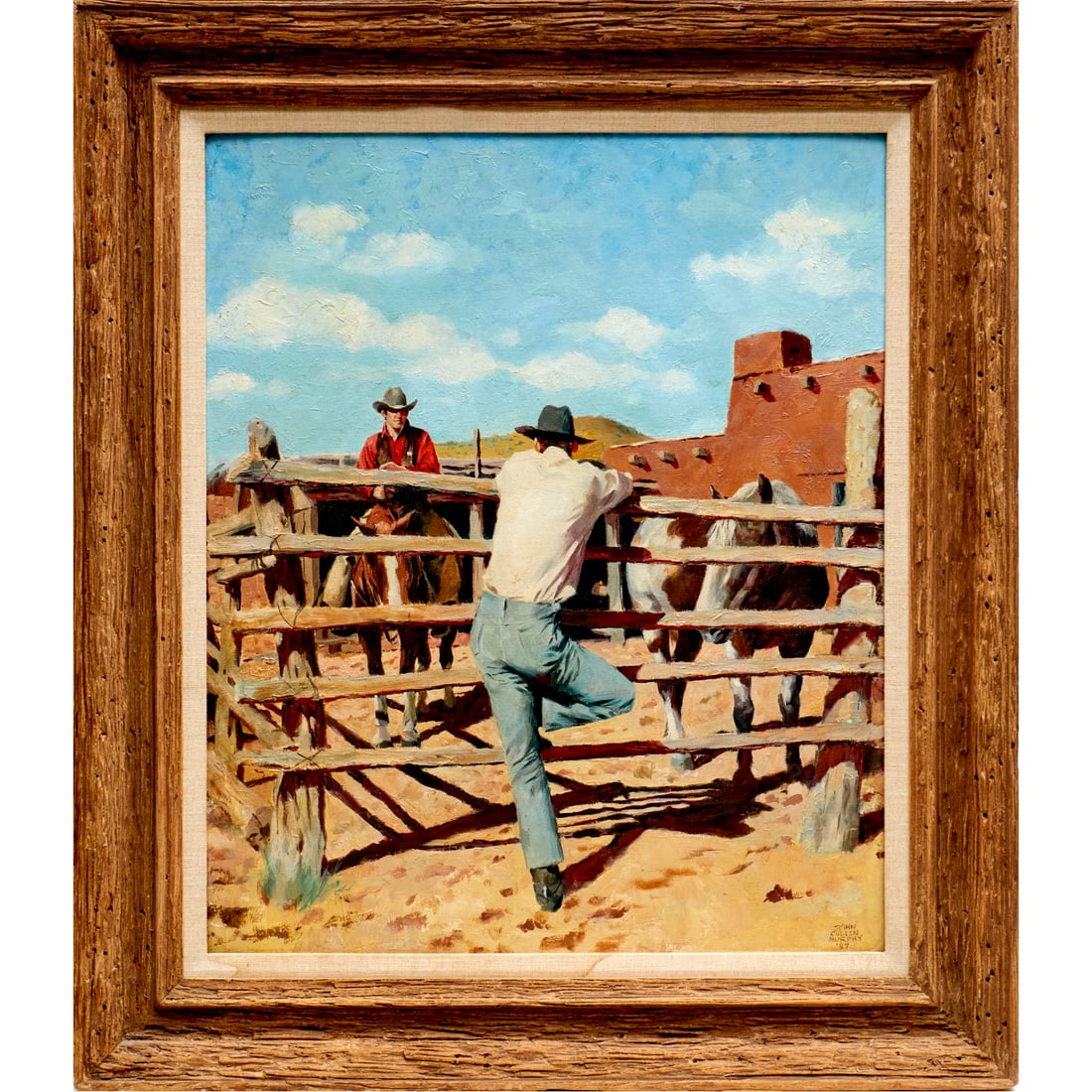 John Cullen Murphy, oil on canvas panel: John Cullen Murphy, oil on canvas panel, John Cullen Murphy (American, 1919-2004), Cowboys, signed and dated "John Cullen Murphy, '87" at lower right, 23.5"h x 19.25"w (sight), 30.5"h x 26.5"w