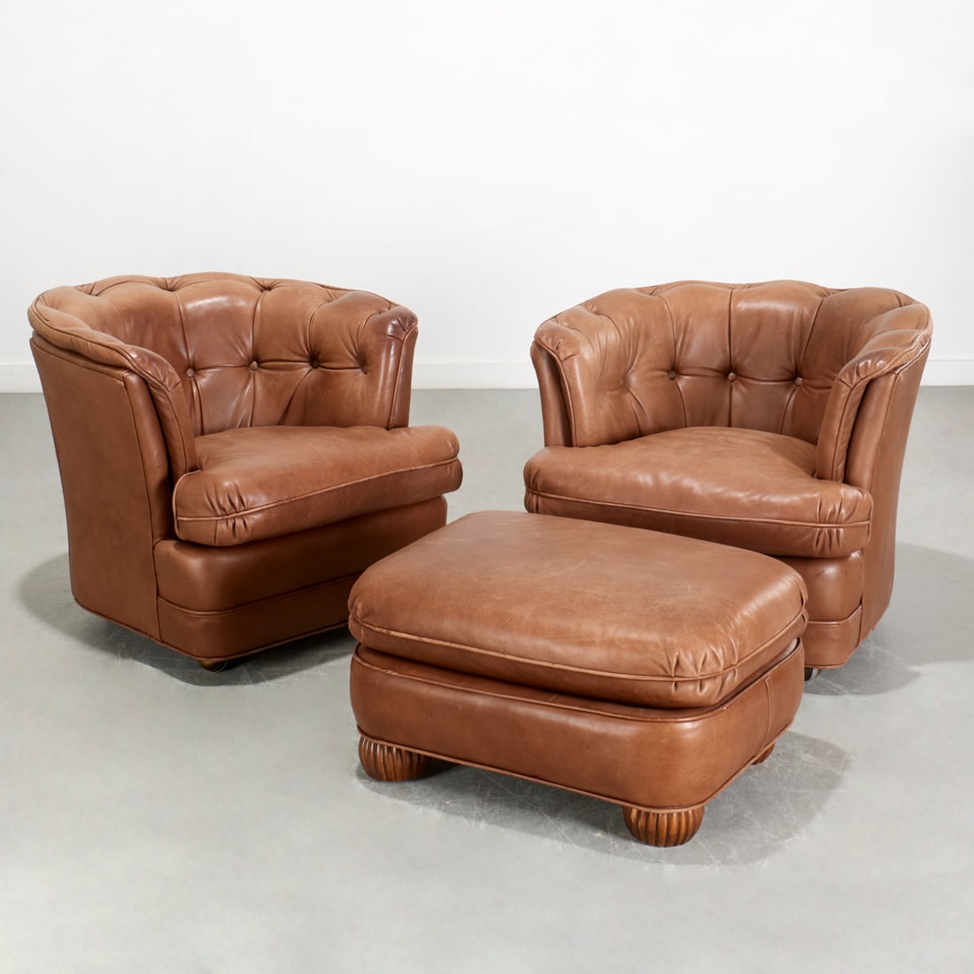 Pair Contemporary leather lounge chairs & ottoman (1 of 9)