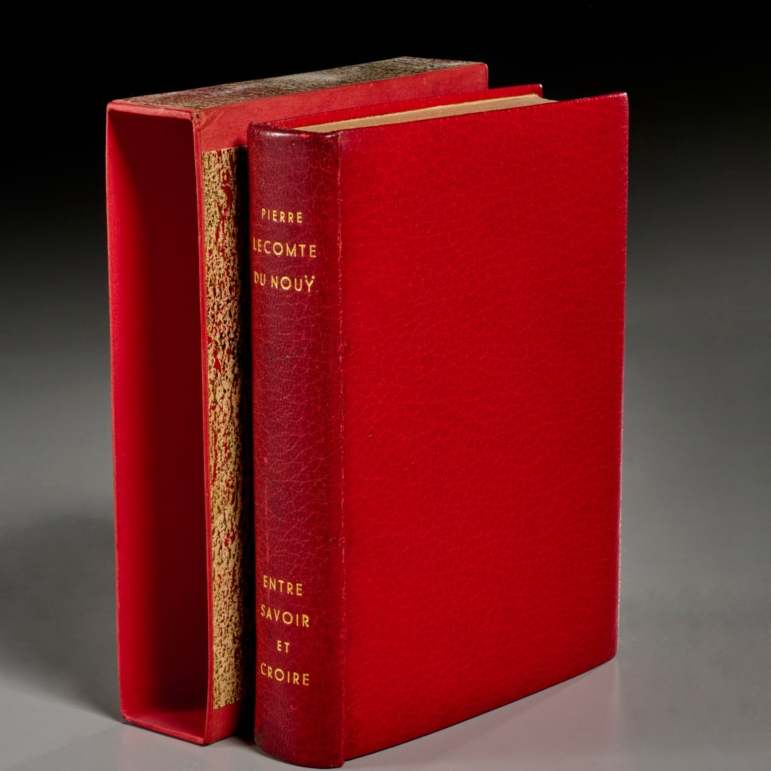 [Binding] du Nouy, Entre Savoir et Croire: [Binding] du Nouy, Entre Savoir et Croire, Pierre Lecomte du Nouy. Hermann, 1964, inscribed to Madame du Nouy by the artist Jean Bazaine and the Preface author Albert Dalaunay, leather binding with re