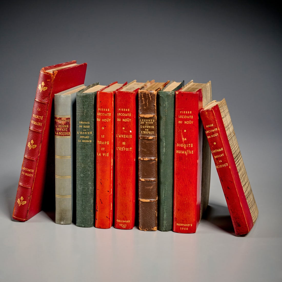 Lecomte du Nouy, (9) vols., some signed: Lecomte du Nouy, (9) vols., some signed, Incl. (2) La Dignite Humaine, Brentano's, 1944 and La Colombe, 1952; (2) L'Avenir de L'Esprit, Gallimard, 1941, one with inscribed photo inside front cover; (3
