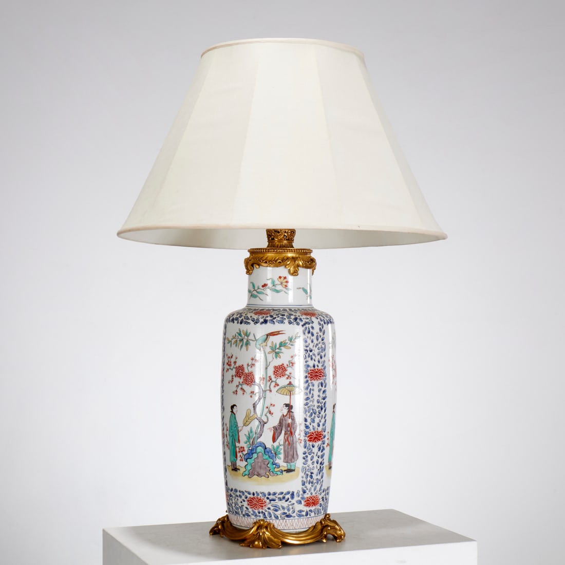 Samson bronze mounted porcelain vase lamp: Samson bronze mounted porcelain vase lamp, 19th/20th c., possibly E.F. Caldwell, New York, Japanese Kakiemon style polychrome decorated porcelain, figures in landscape scenes, surrounded by flowering 