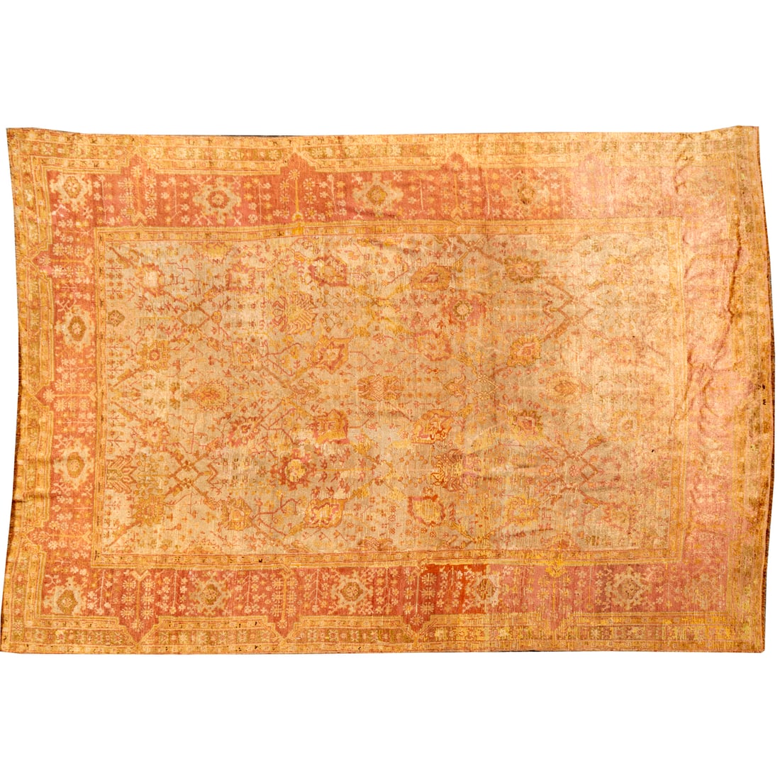 Antique room-size Oushak carpet: Antique room-size Oushak carpet, Early 20th c., hand-knotted low wool pile, the open cream field with all-over herati and palmette patterns in mauve, yellow, and green tones, approx. 15'1"h x 10'7"w P