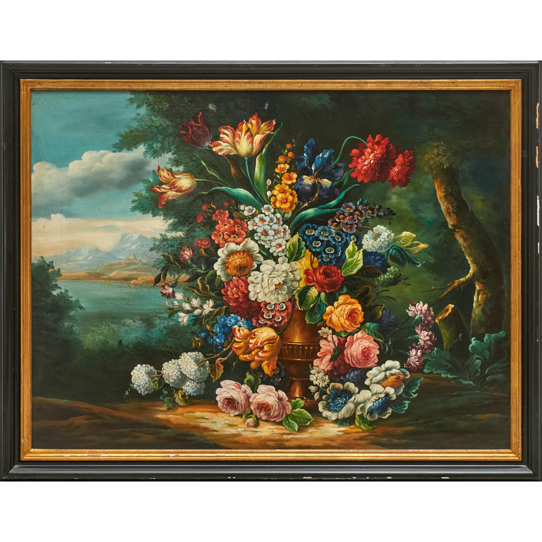 Bartolomeo Bimbi (manner), large oil on canvas: Bartolomeo Bimbi (manner), large oil on canvas, Manner of Bartolomeo Bimbi (Early 20th c.), Floral Still Life in Landscape, no signature observed, 29.75"h x 39"w (sight), 35.5"h x 45"w (frame) Provena