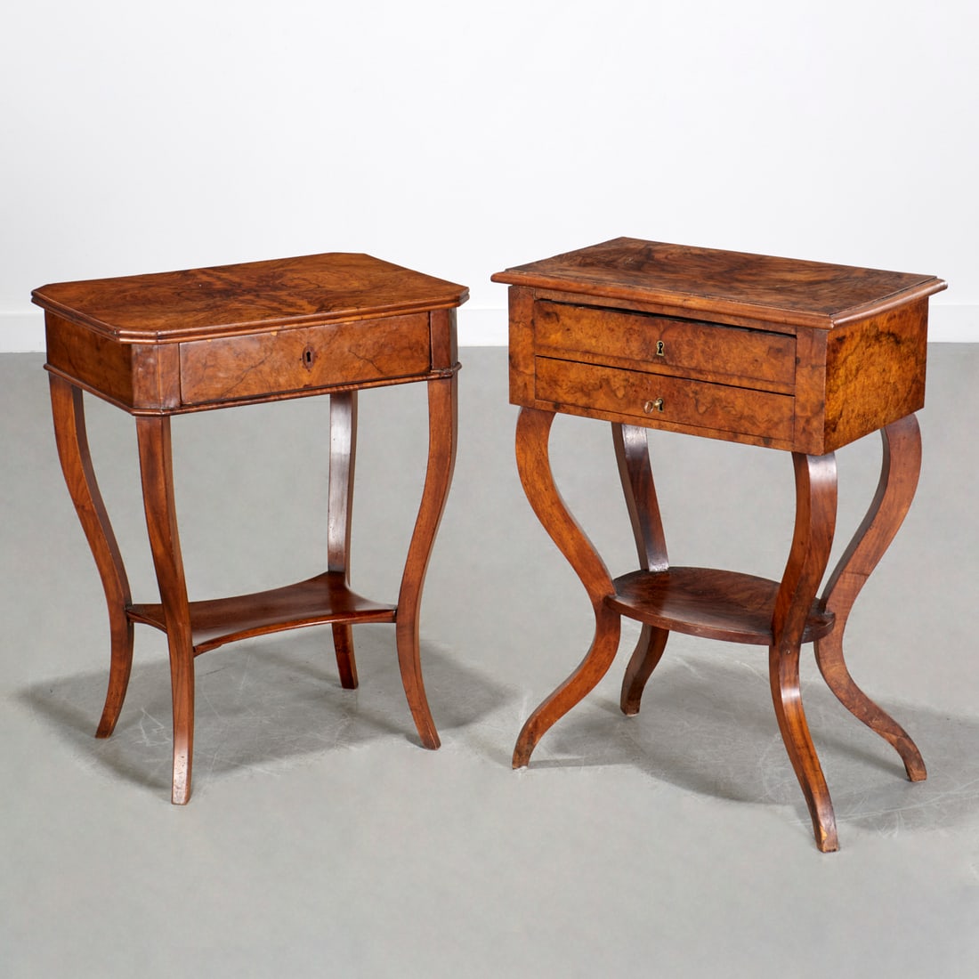 Harlequin pair Biedermeier burl walnut work tables (1 of 8)