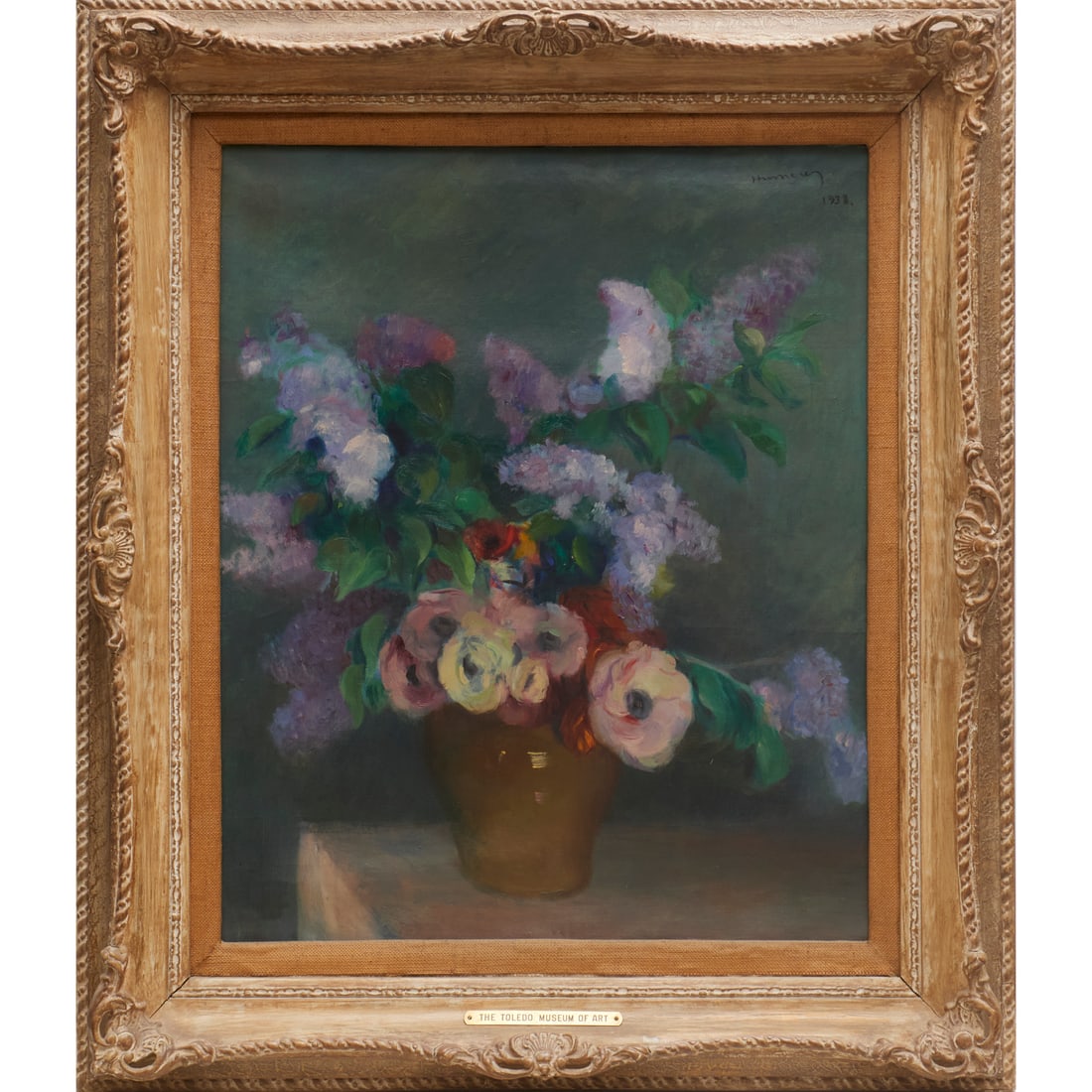 Roberto Humeres, oil on canvas, 1938, ex museum: Roberto Humeres, oil on canvas, 1938, ex museum, Roberto Humeres (Chilean, 1903-1985), "Lilacs", signed and dated upper right, label to front of frame, provenance labels verso, 28"h x 23"w (sight),
