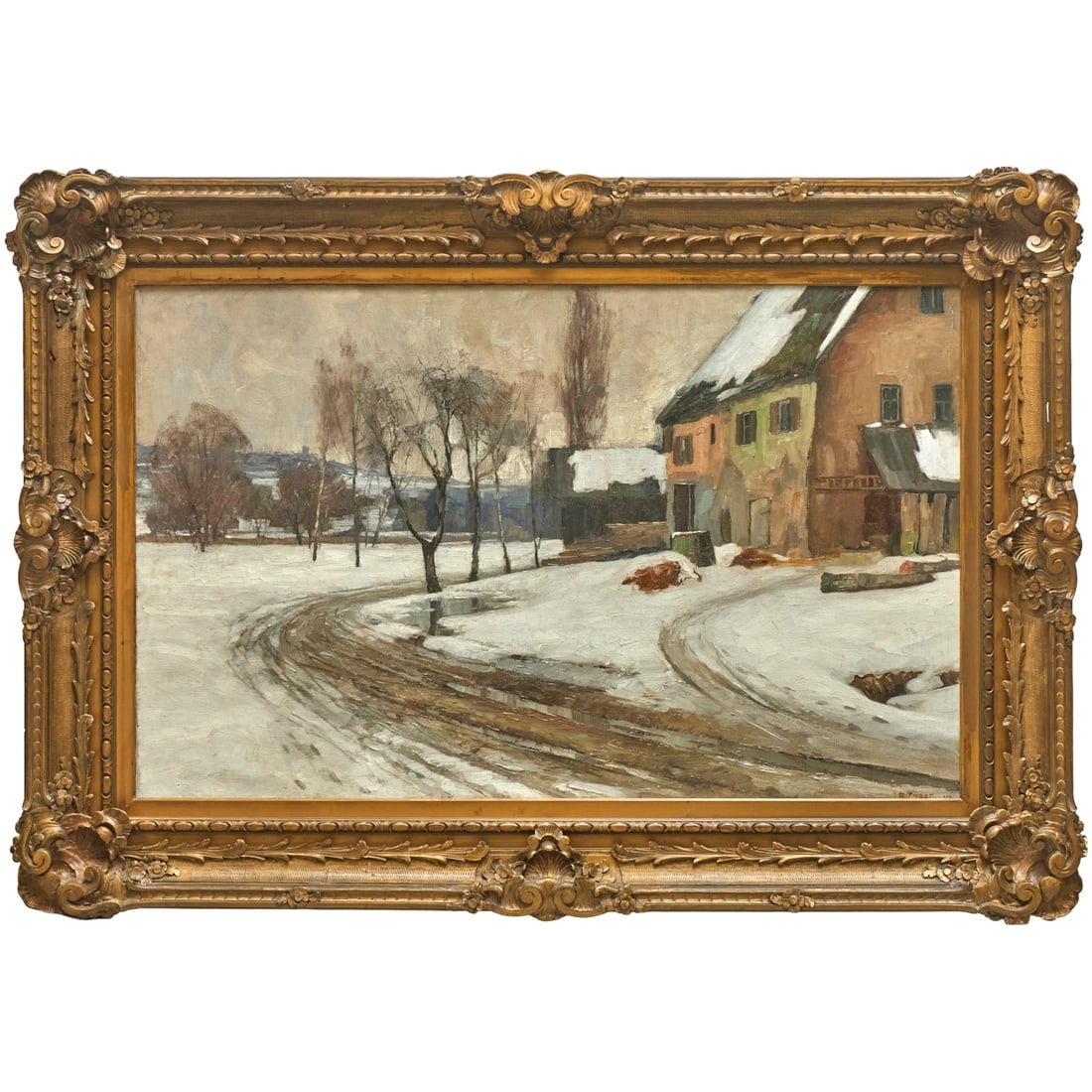 Rudolf Thost, large oil on canvas, 1906: Rudolf Thost, large oil on canvas, 1906, Rudolf Thost (German, 1886-1921), Winter Street Scene, signed and dated lower right, 34.25"h x 55.25"w (sight), 49.5"h x 70.5"w (frame) Provenance: A Private C