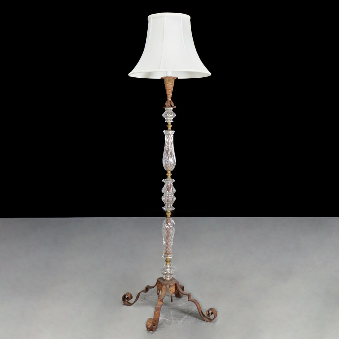 Mid-Century Italian iron and glass floor lamp: Mid-Century Italian iron and glass floor lamp, c. 1940s, nice quality, no visible marks, 74.5"h x 22"w x 18"d Provenance: A Private Collection: 115 Central Park West, NYC