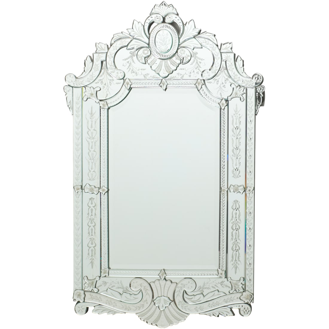Large Venetian etched glass mirror: Large Venetian etched glass mirror, 20th c., Italy, medallion and scroll crest over beveled mirror plate with floral and foliate etched surround, 61.5"h x 38.25"w Provenance: A Private Collection: