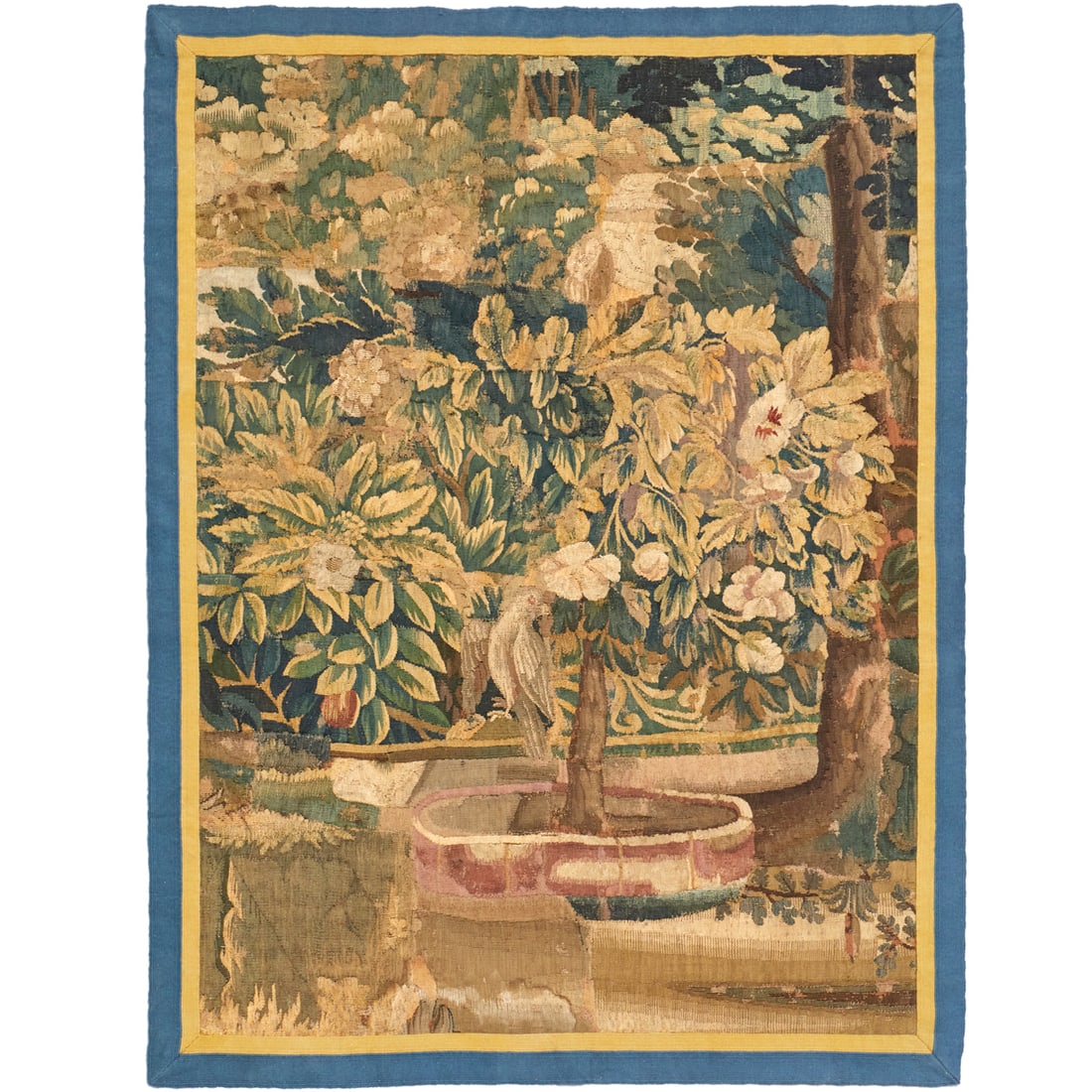 Antique Franco-Flemish verdure tapestry panel: Antique Franco-Flemish verdure tapestry panel, 17th/18th c., silk and wool weave, depicting a garden scene, approx. 46.5"h x 35.5"w Provenance: A Private Collection: Rumson, NJ