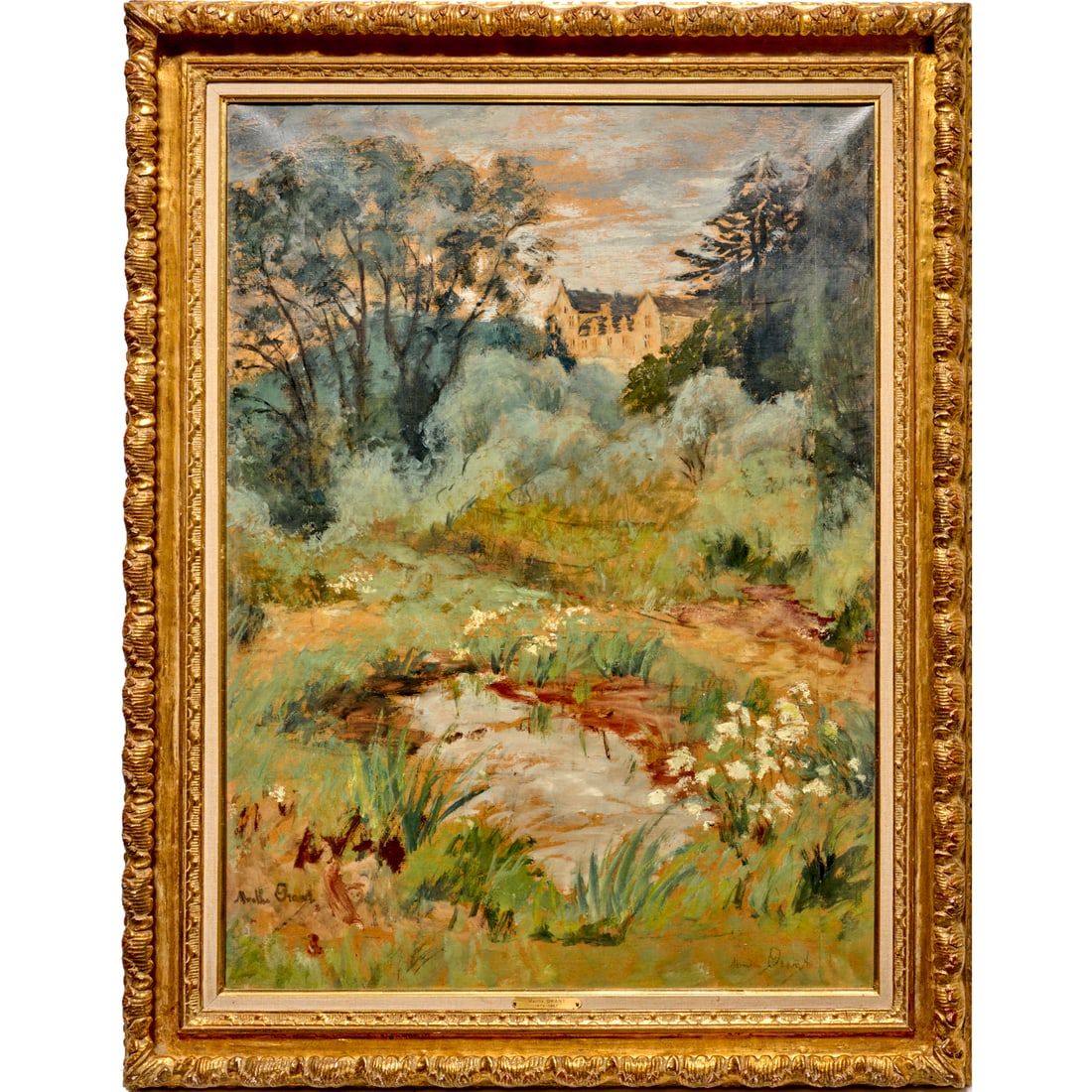 Marthe Orante, large oil on canvas: Marthe Orante, large oil on canvas, Marthe Orante (French, 1874-1957), "La Mare aux Grenouilles", signed lower left and right, titled verso, 37.75"h x 27.75"w (sight), 46.25"h x 36.25"w x 2.25"d (fram
