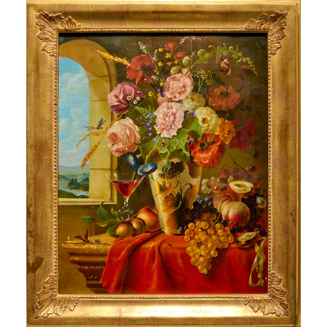 Marie Nyl-Frosch (attrib), oil on canvas: Marie Nyl-Frosch (attrib), oil on canvas, Attributed to Marie Nyl-Frosch (German, 1857-1914), Still Life with Fruit. Flowers and pocket watch, signed "H(?). Nyl- N." lower left, label verso, 25"h x 20