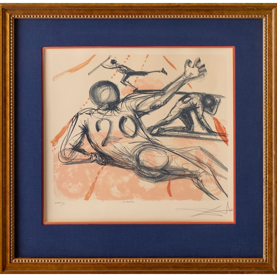 Salvador Dali, lithograph, 1973: Salvador Dali, lithograph, 1973, Salvador Dali (Spanish, 1904-1989), "Sports", lithograph in colors on Arches paper, pencil signed, titled and numbered LXXXV/CI lower margin, matted and framed under p