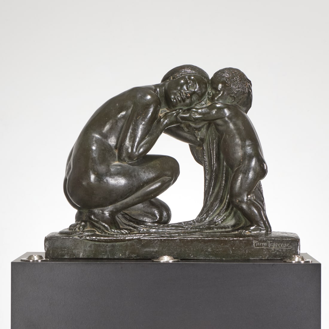 Pierre Traverse, bronze sculpture, c. 1930: Pierre Traverse, bronze sculpture, c. 1930, Pierre Traverse (French, 1892-1979), "La Femme et l'Enfant", signed to base edge, Lastele Foundry mark and "A.G. Paris" mark side of base, incl. custom base