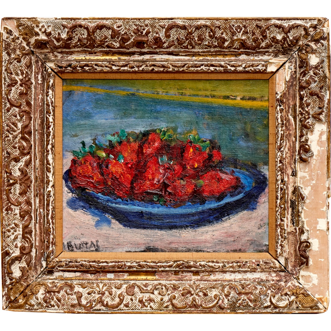 Arbit Blatas, oil on canvasboard: Arbit Blatas, oil on canvasboard, Arbit Blatas (Lithuanian-American, 1908-1999), Still Life: Bowl of Strawberries, signed "A Blatas" lower left, 7.5"h x 9.25"w (board), 12"h x 13.25"w (frame) Provenan