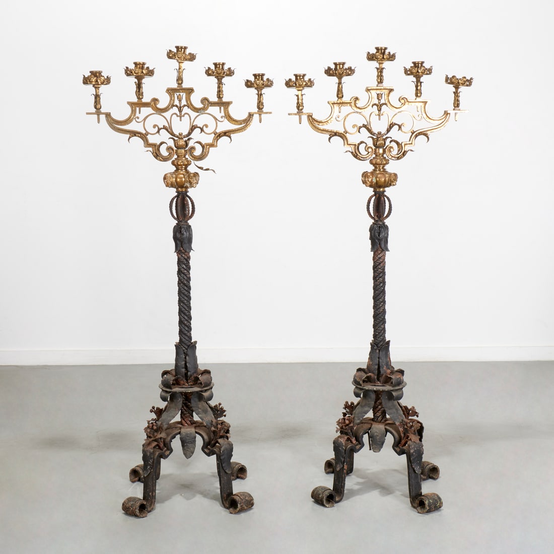 Pair French brass, wrought iron floor candelabra (1 of 7)