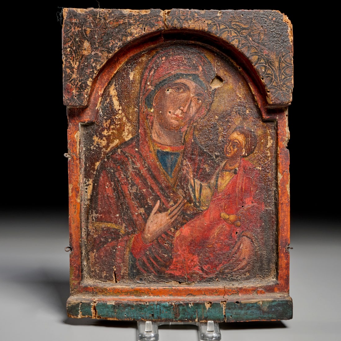 Antique Greek polychromed wood icon: Antique Greek polychromed wood icon, 18th/19th c., or earlier, Hodegetria variant of Mother and Child, carved niche form panel, 11.5"h x 8.5"w