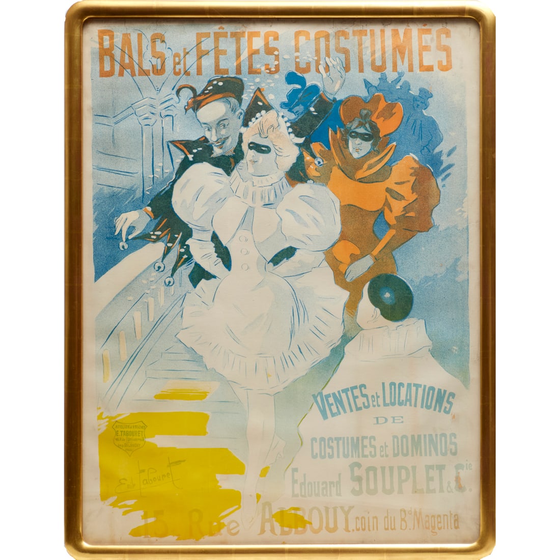 Emile Tabouret, lithograph poster: Emile Tabouret, lithograph poster, Emile Tabouret (French, 1850?1927), "Bals et Fetes Costumes", signed in plate lower left, printed by Delanchy Paris, 31.5"h x 23.5"w (sight), 33.5"h x 26"w (frame) P