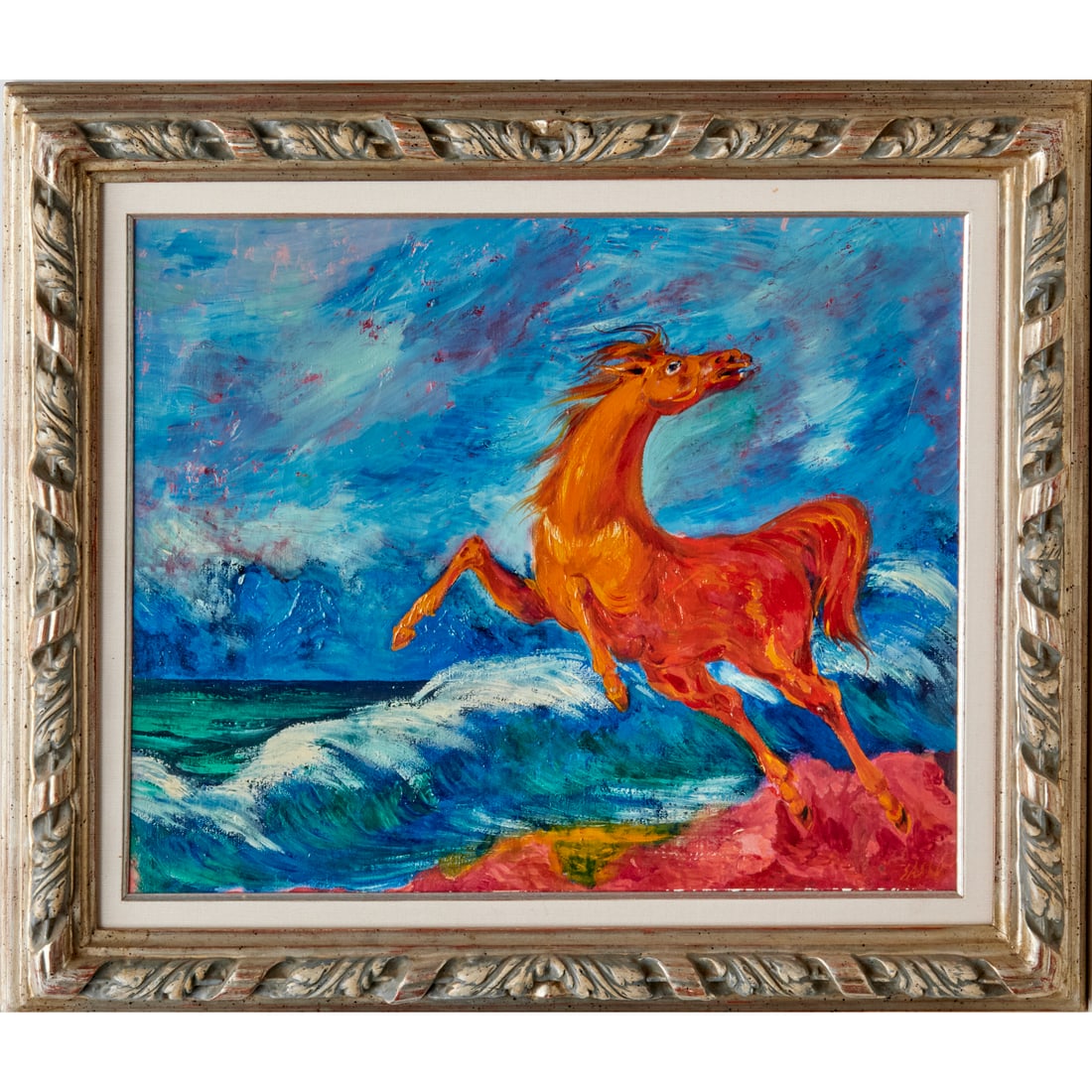 Aligi Sassu, oil on canvas, 1951: Aligi Sassu, oil on canvas, 1951, Aligi Sassu (Italian, 1912-2000), "Cavallo nella Tempesta", signed lower right and verso, dated and inscribed verso, 17.25"h x 21"w (sight), 24"h x 28"w (frame)