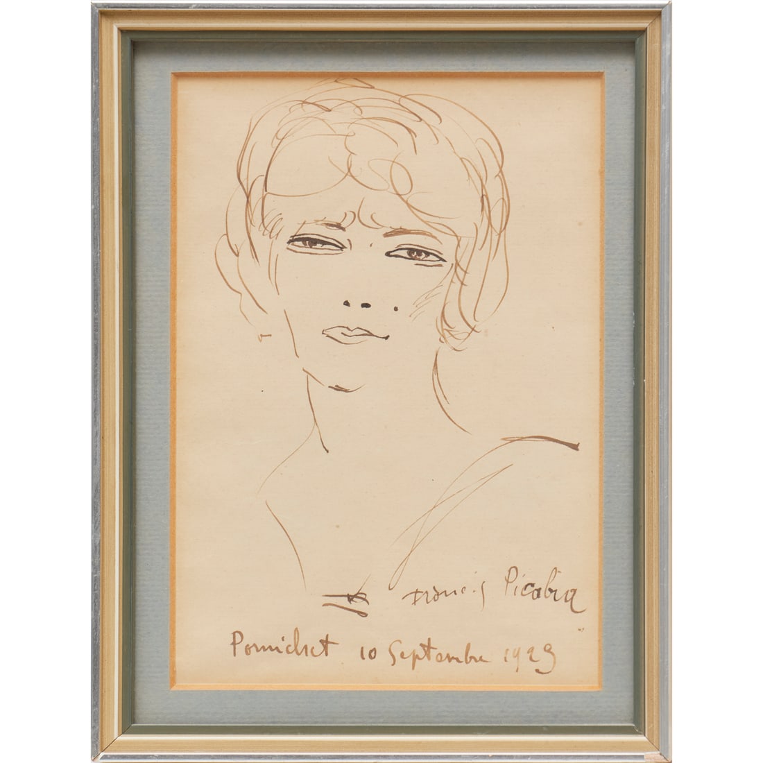 Francis Picabia, ink portrait on paper, 1923: Francis Picabia, ink portrait on paper, 1923, Francis Picabia (French, 1879-1953), Portrait of Woman, likely Jeanne Lecomte du Nouy, signed "Francis Picabia" and inscribed "Pormichet 10 Septembre
